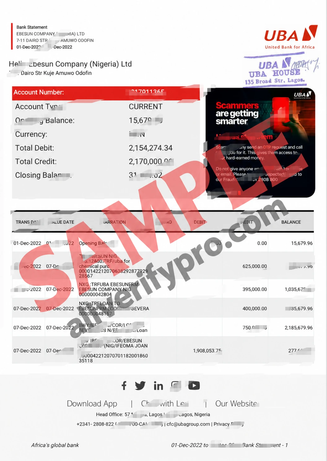 Word- und PDF-Vorlage für einen Kontoauszug der United Bank for Africa, Nigeria (2 Seiten)