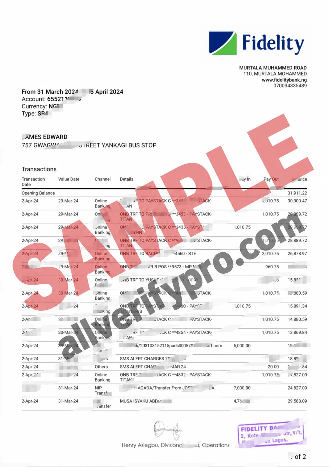 เทมเพลตใบแจ้งยอดบัญชีธนาคาร Nigeria Fidelity Bank ในรูปแบบ Word และ PDF (2 หน้า)