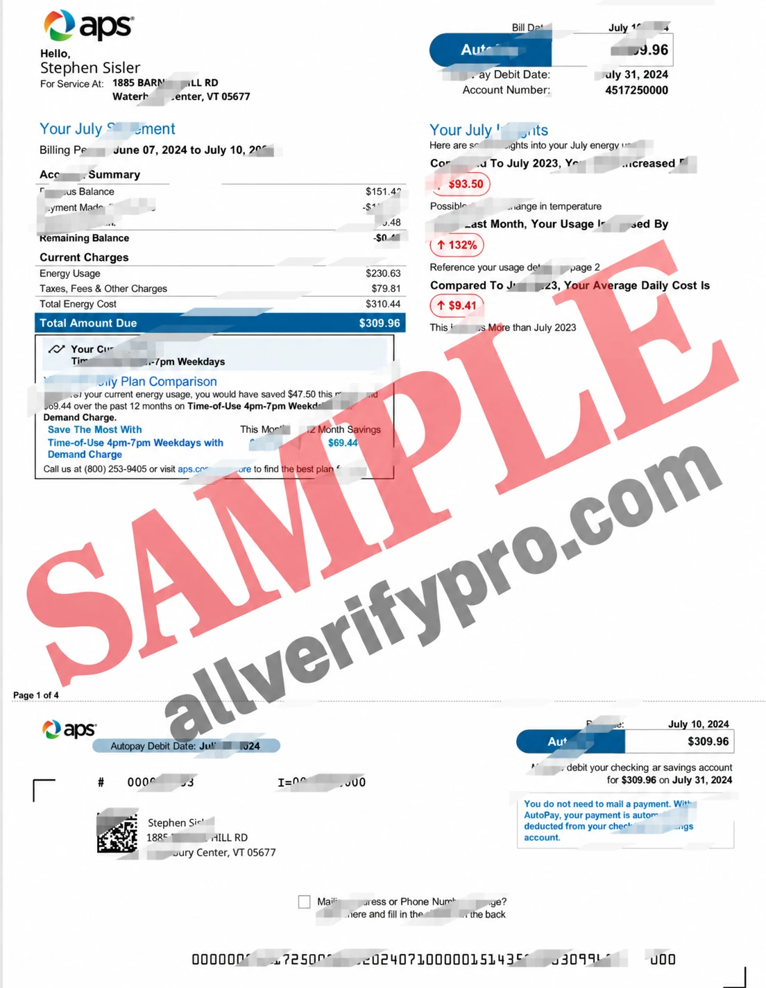 USA APS Utility Bill Word and PDF Template (4 Pages)