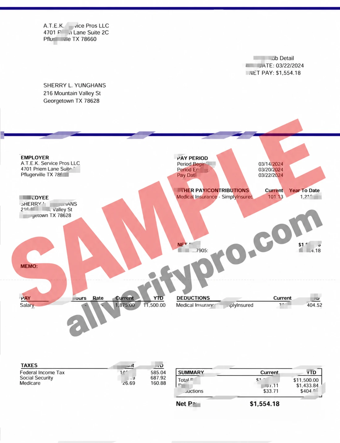 美国德克萨斯州A.T.E.K. Service Pros LLC工资单Word和PDF模板（4页）Payroll template (Word and PDF) for A.T.E.K. Service Pros LLC, Texas, USA (4 pages)