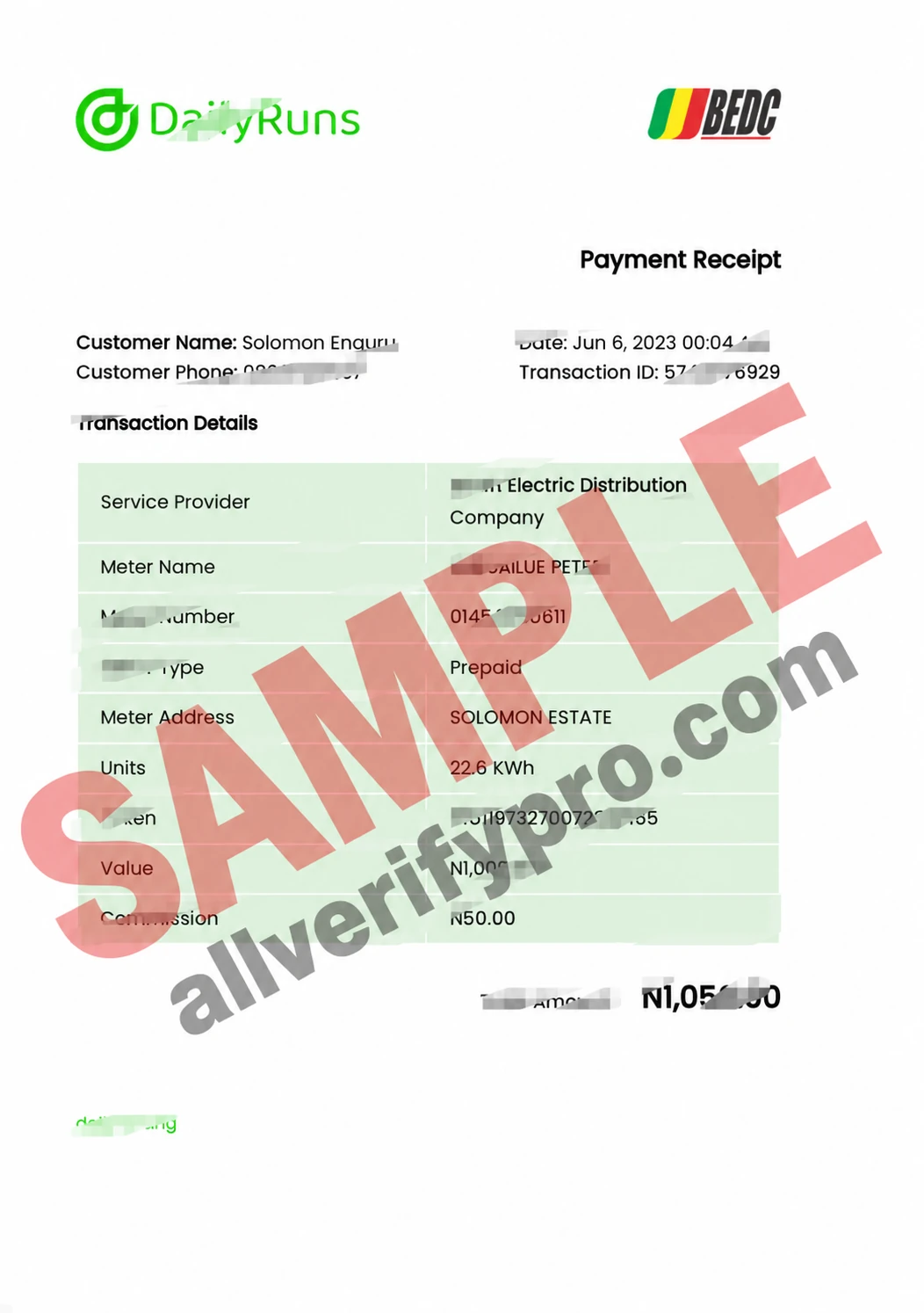 Plantilla de recibo de pago de Nigeria Benin Electric Distribution Company en Word y PDF