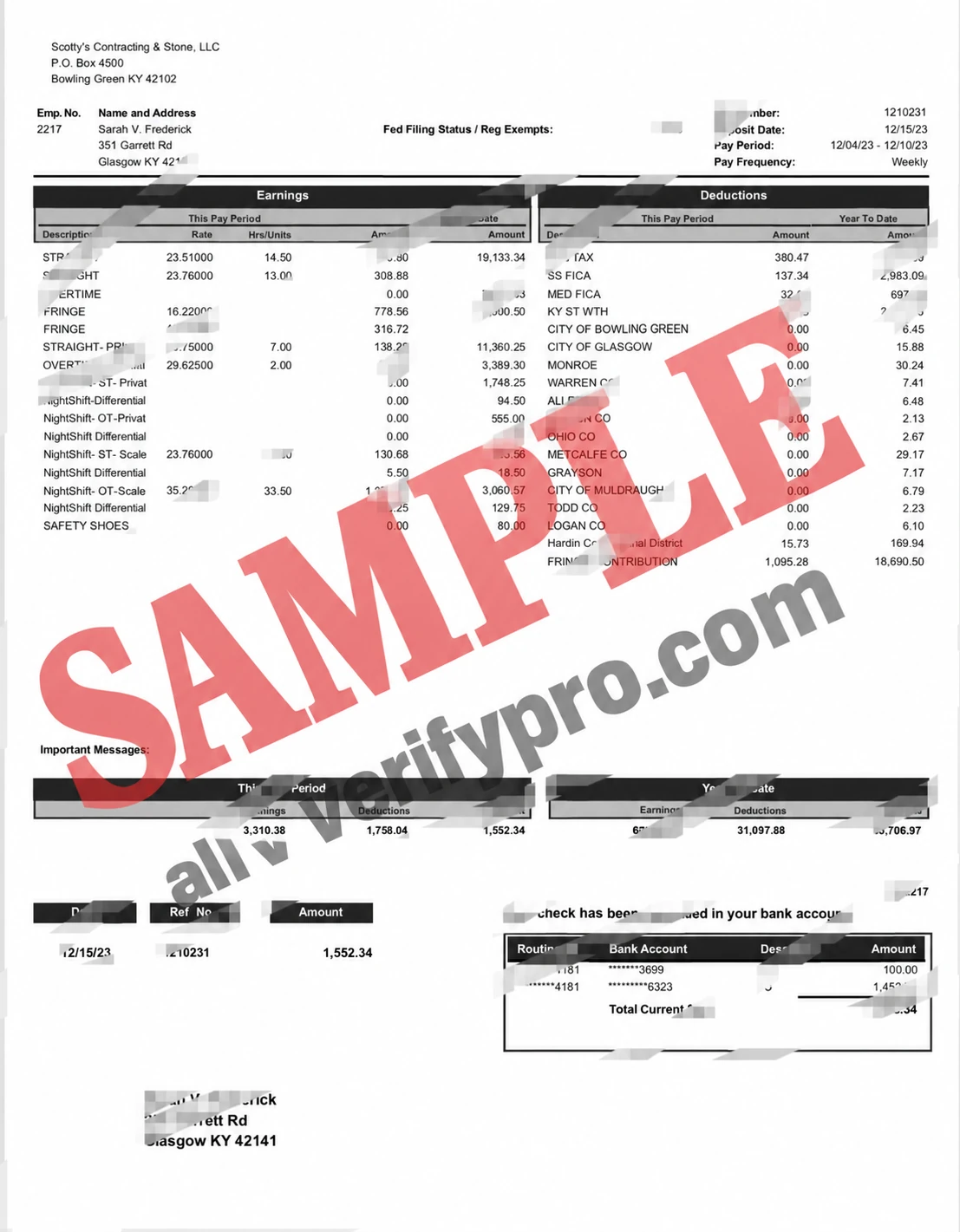 Word- und PDF-Vorlagen für eine Lohnabrechnung von Scotty Contracting and Stone, USA