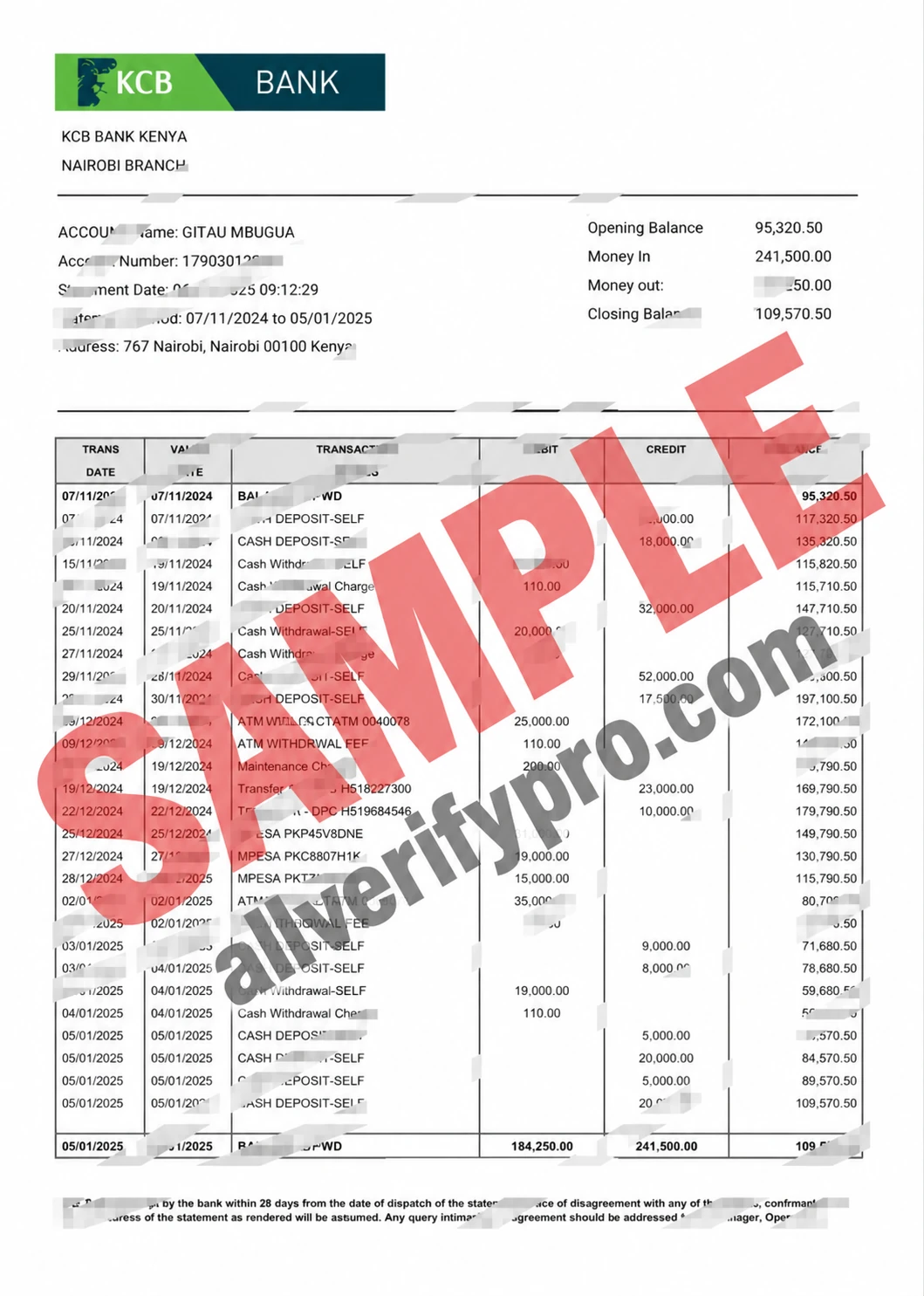 肯亞 KCB 銀行對帳單 Word 和 PDF 範本