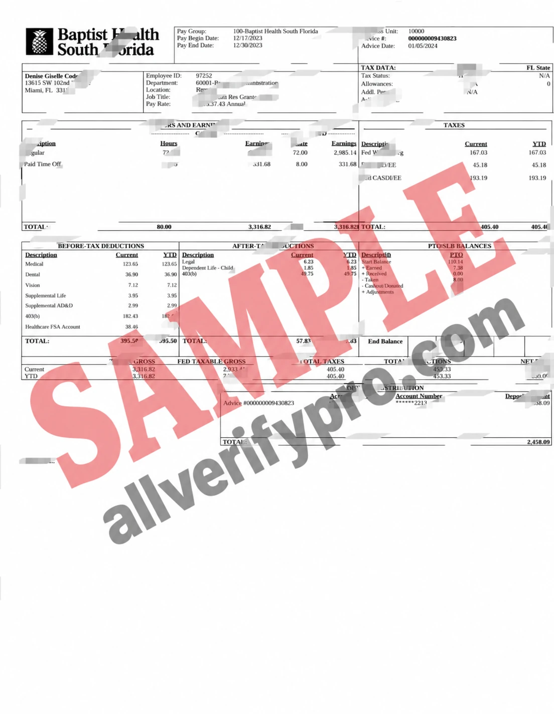 Templat Slip Gaji American Baptist Health South Florida, Amerika Serikat, dalam Word dan PDF (2 halaman)