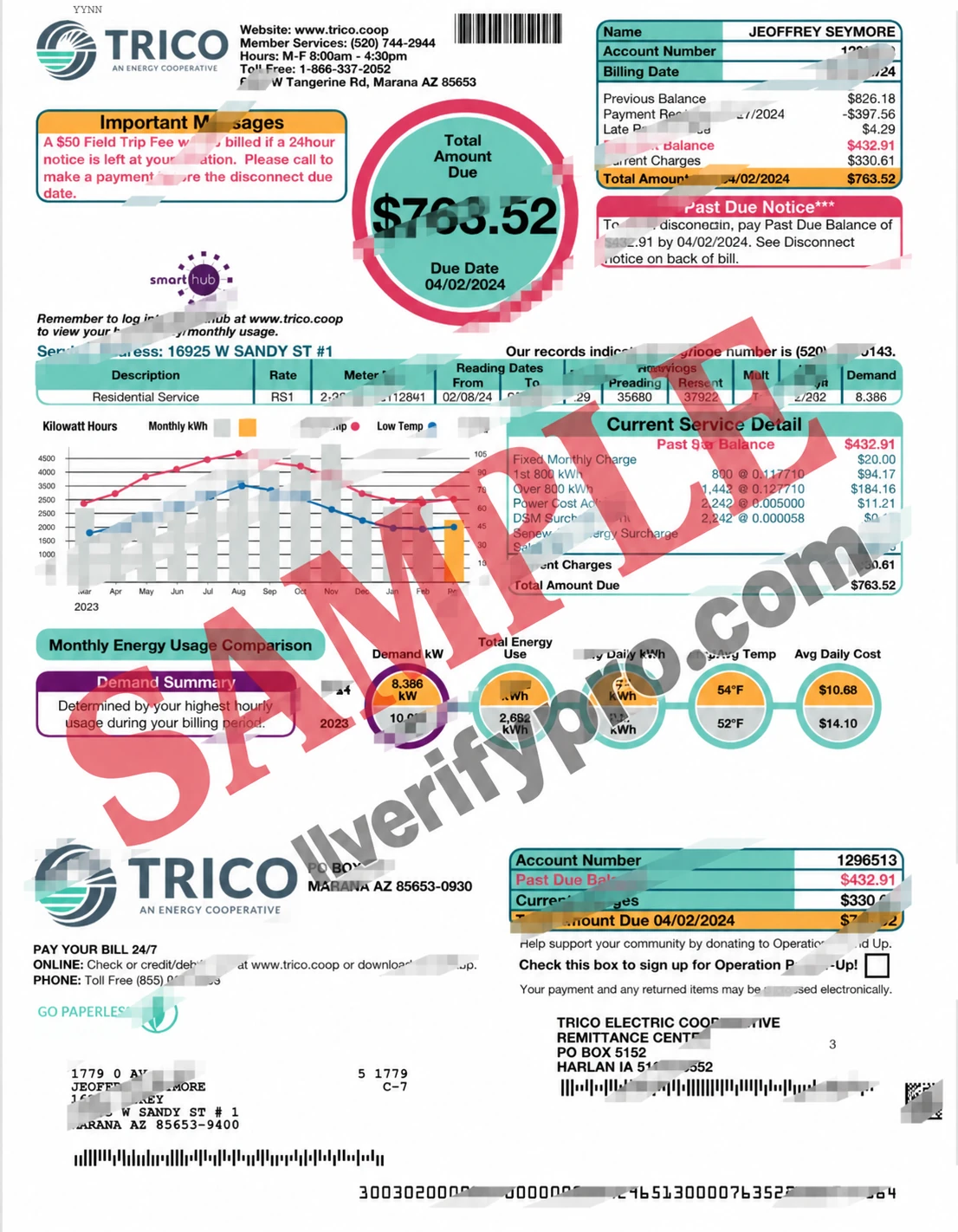 USA Trico Electric Cooperative Electricity Bill Word and PDF Template (2 Pages)