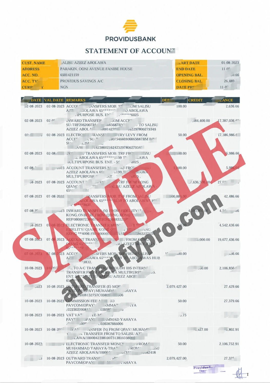 Templat laporan rekening Providus Bank Nigeria dalam format Word dan PDF (3 halaman)