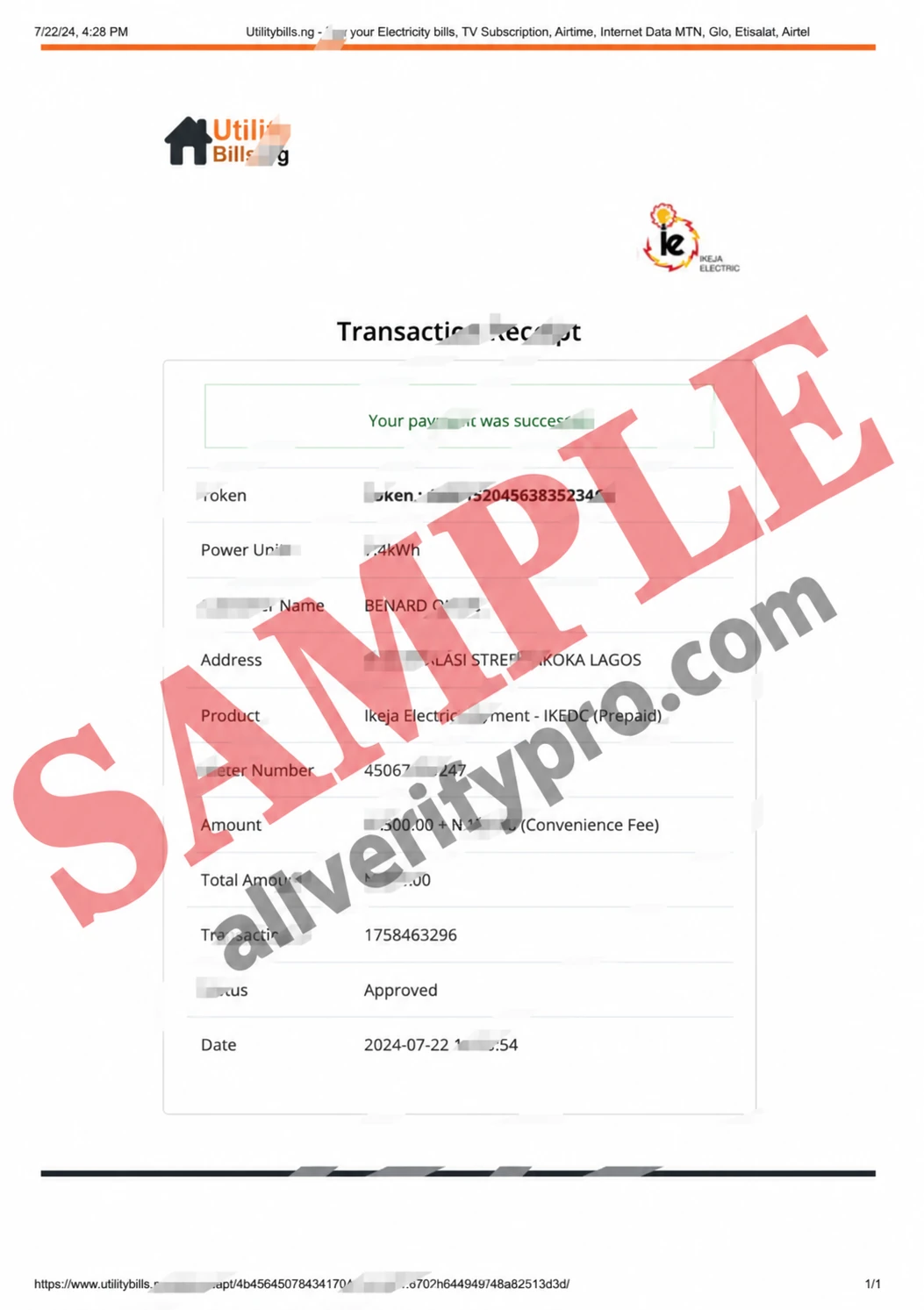 Шаблон квитанции о платёжной транзакции Ikeja Electric (Нигерия) в форматах Word и PDF