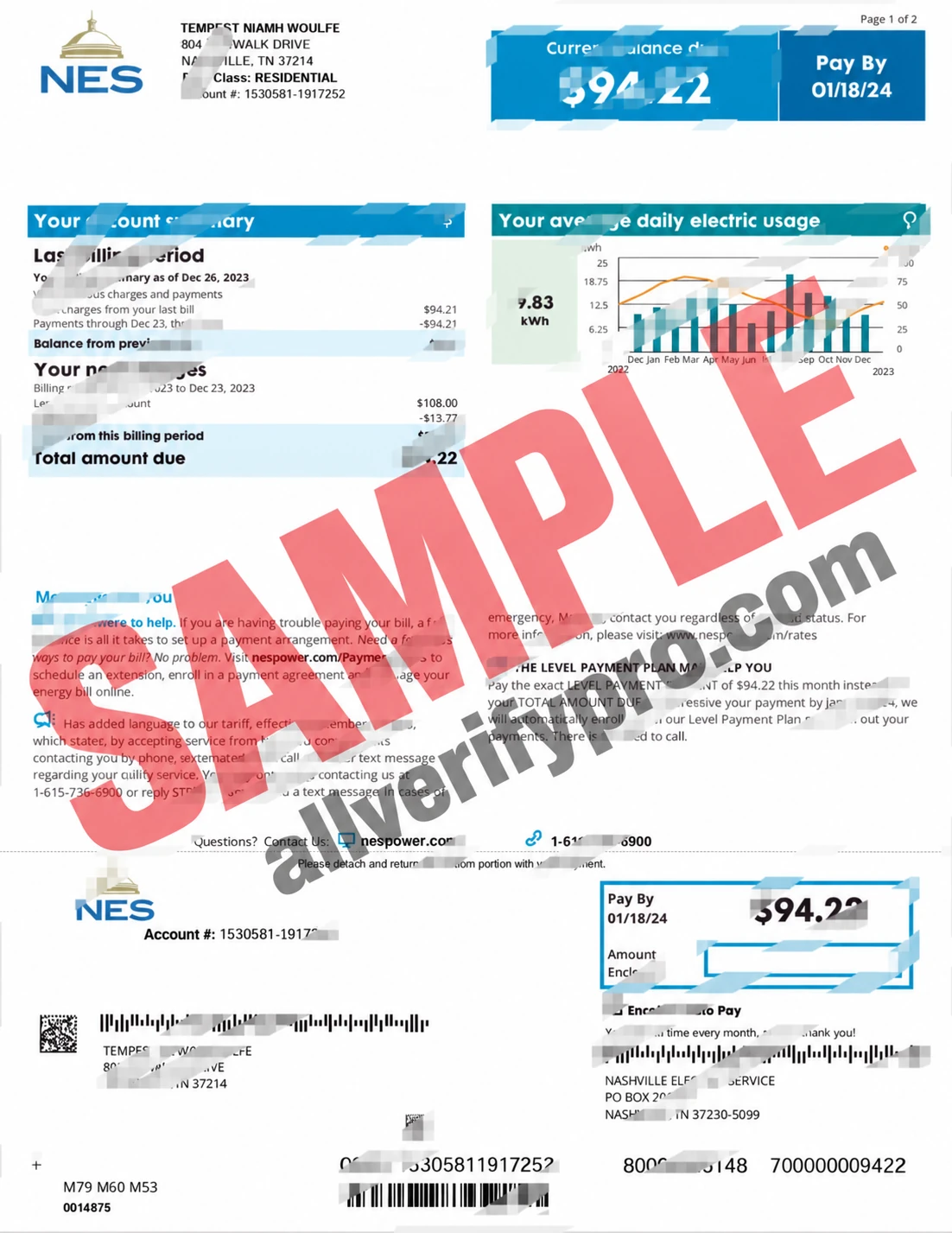 เทมเพลตใบแจ้งค่าสาธารณูปโภคของ Nashville Electric Service (NES) ในสหรัฐอเมริกา รูปแบบ Word และ PDF (2 หน้า)