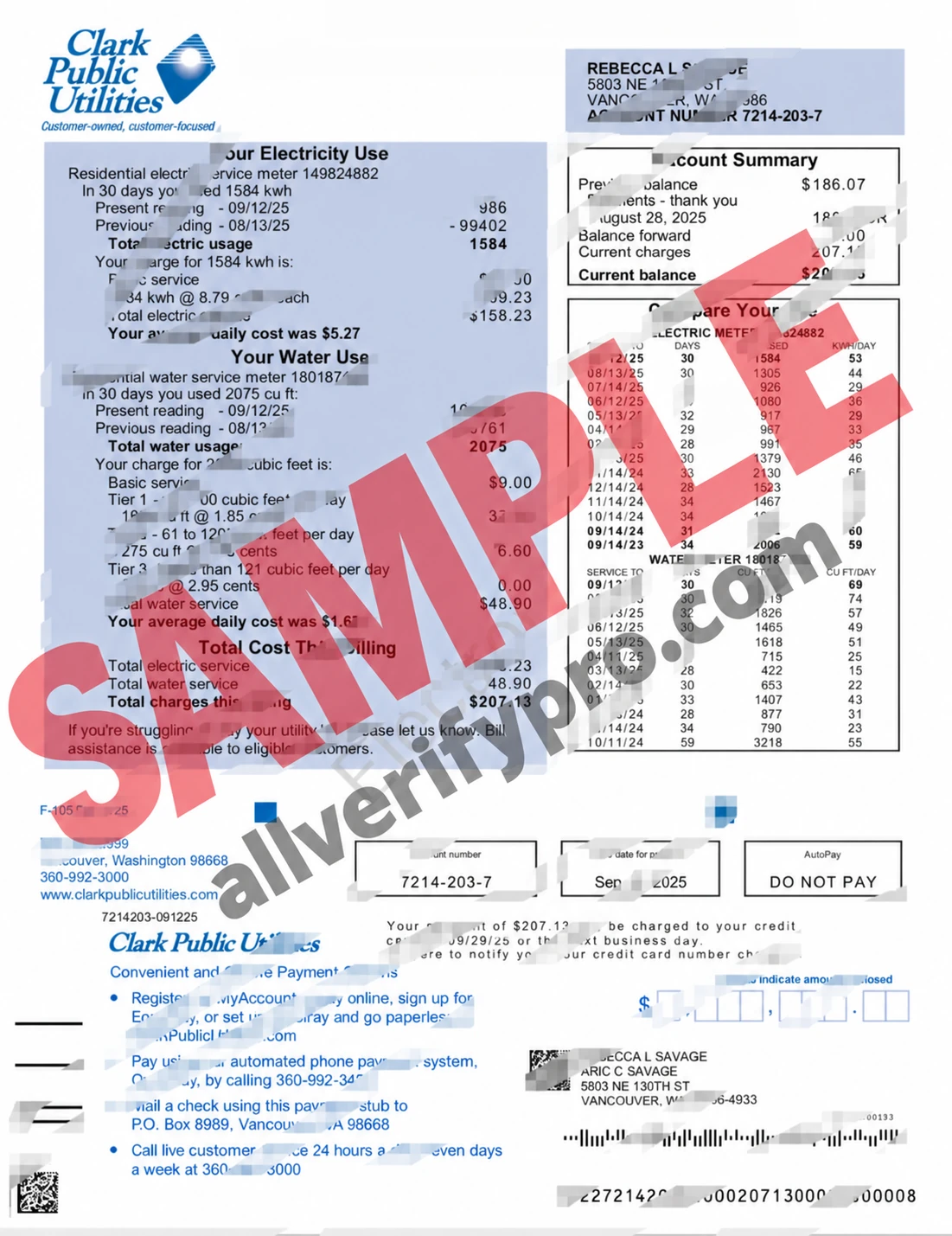 Шаблон счёта за электроэнергию и воду Clark Public Utilities (США) в форматах Word и PDF (2 страницы)