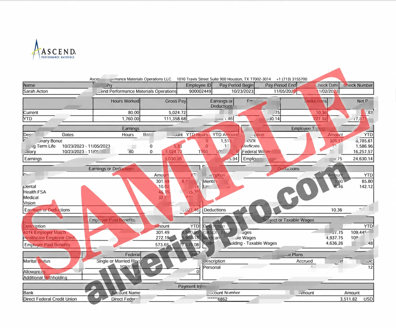 USA Ascend Performance Materials Operations Payroll Word and PDF Template (2 Pages)