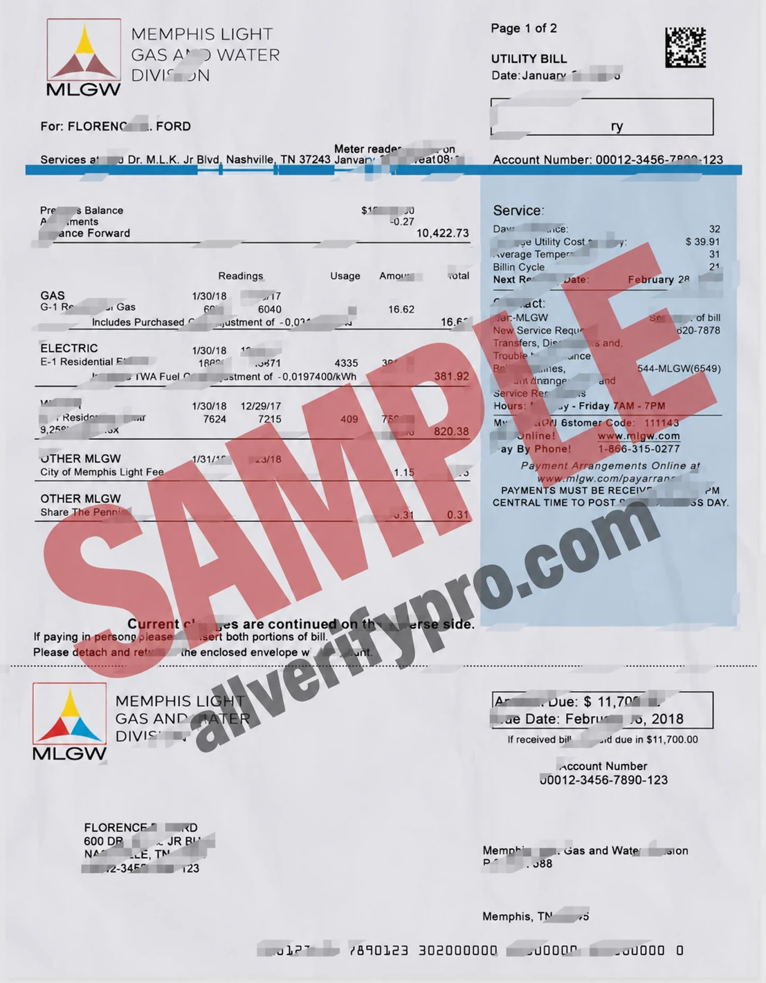 USA Memphis Light Gas and Water Utility Bill Word and PDF Template