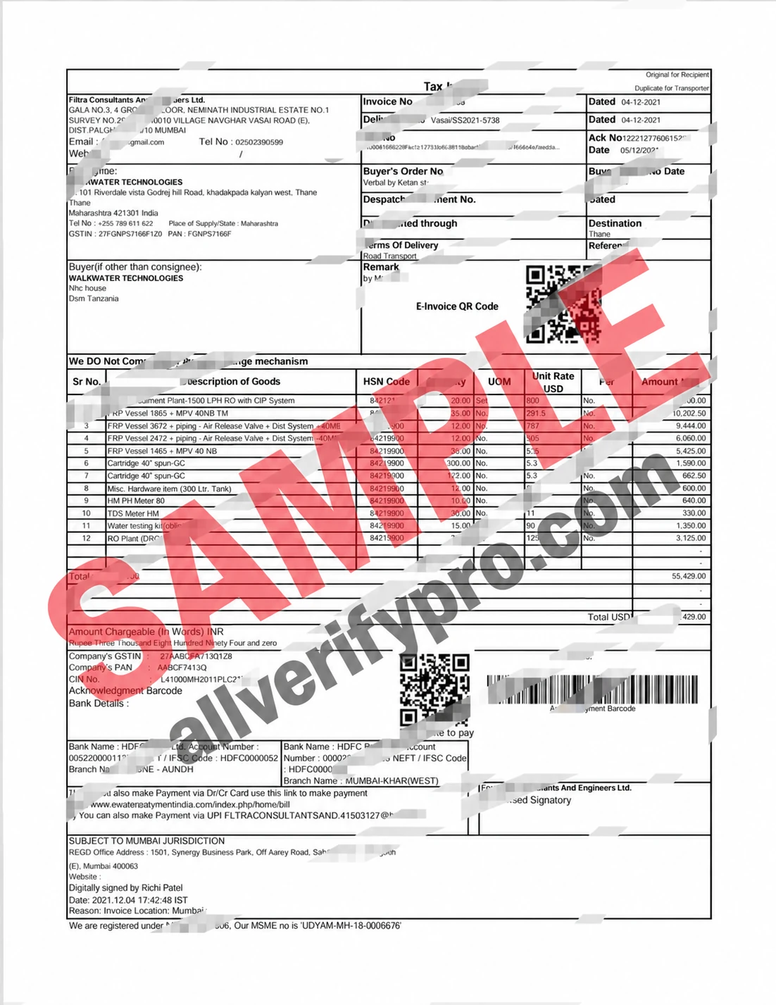 India Filtra Consultants And Engineers Ltd. Tax Invoice Word and PDF Template