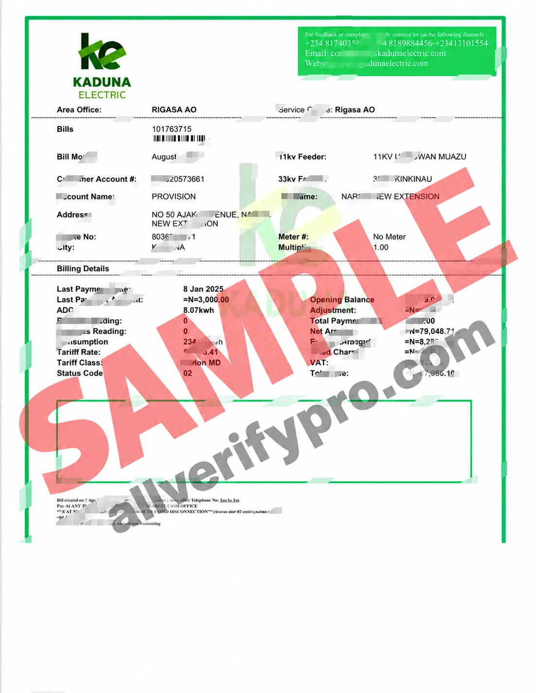 Шаблон счета за электроэнергию Kaduna Electric, Нигерия, в Word и PDF (3 страницы)