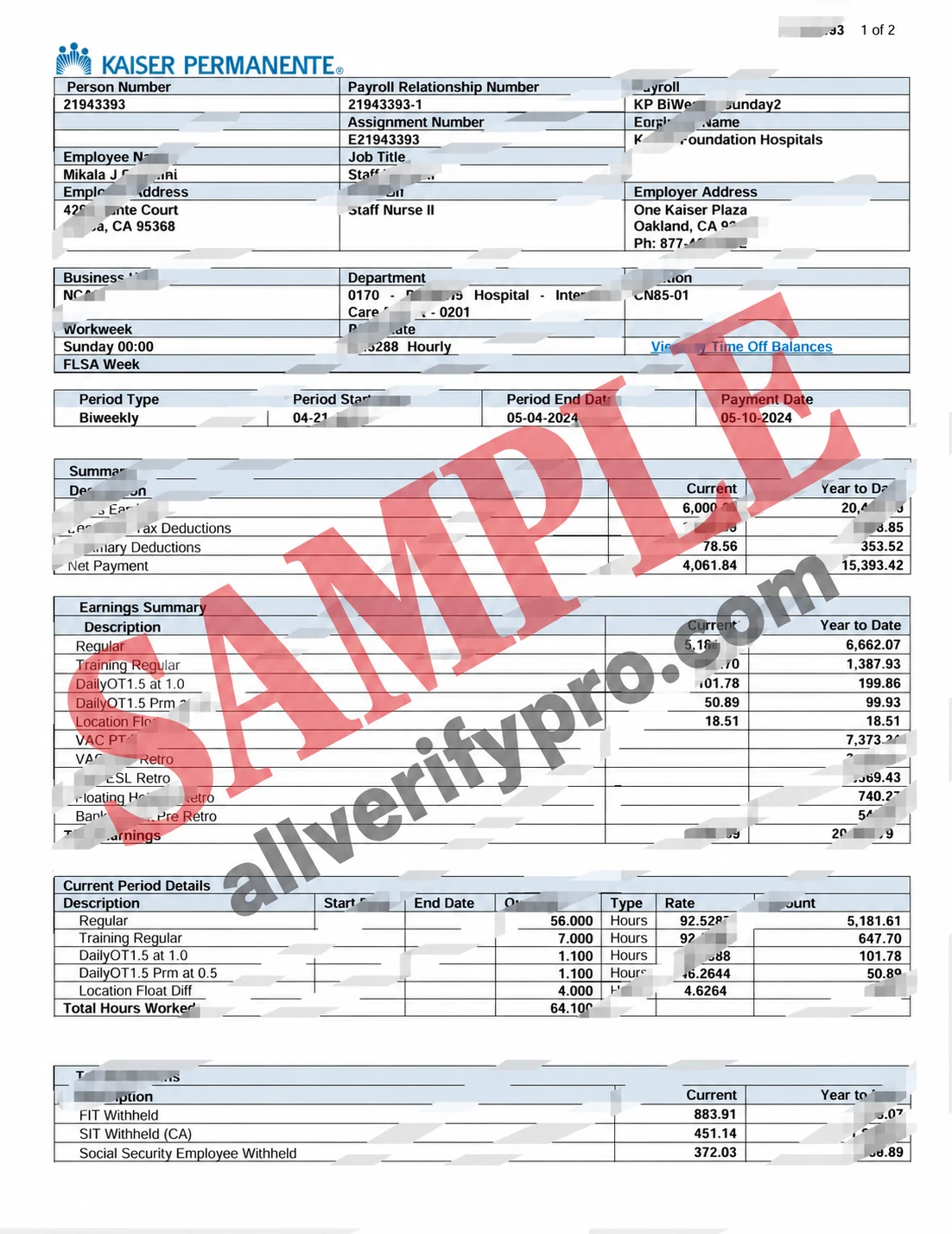 USA Kaiser Foundation Hospital Payroll Template (Word and PDF, 6 Pages)