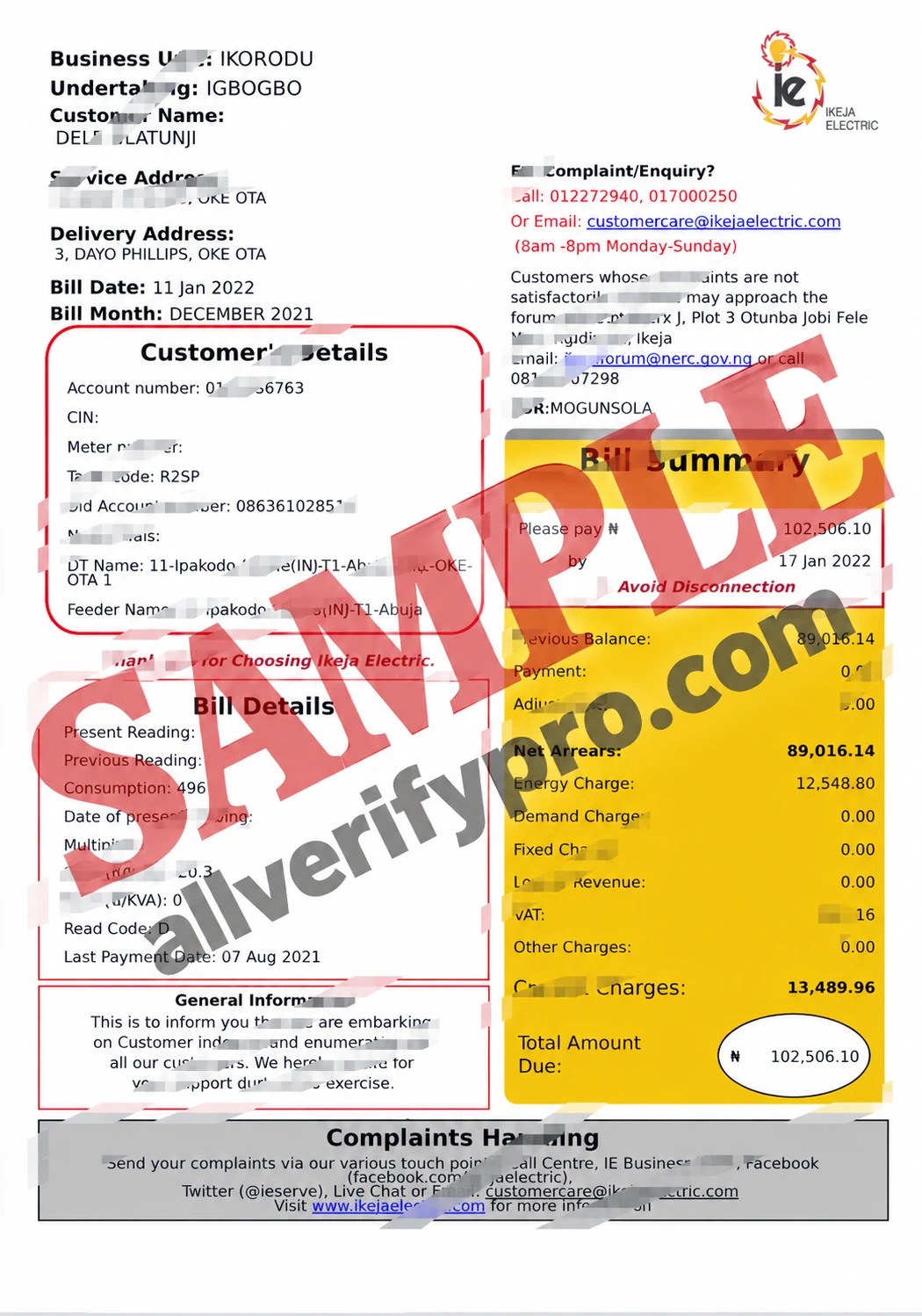 Шаблон счета за коммунальные услуги Ikeja Electric, Нигерия, в Word и PDF (2 страницы)