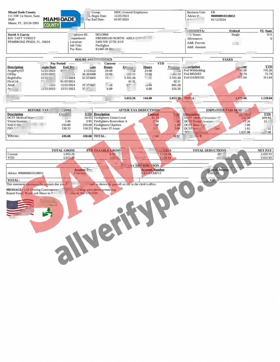 Modèle de bulletin de paie du comté de Miami-Dade aux États-Unis aux formats Word et PDF (4 pages)