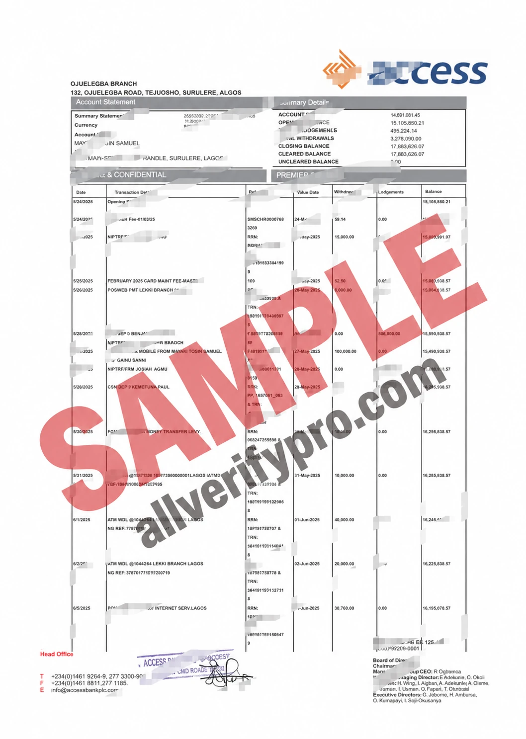 Modèle de relevé de compte Access Bank au Nigeria aux formats Word et PDF (3 pages)