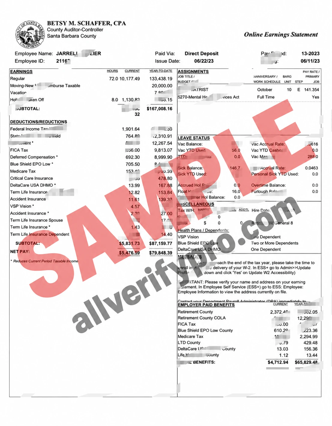 USA Santa Barbara County Pay Stub Word and PDF Template (2 Pages)