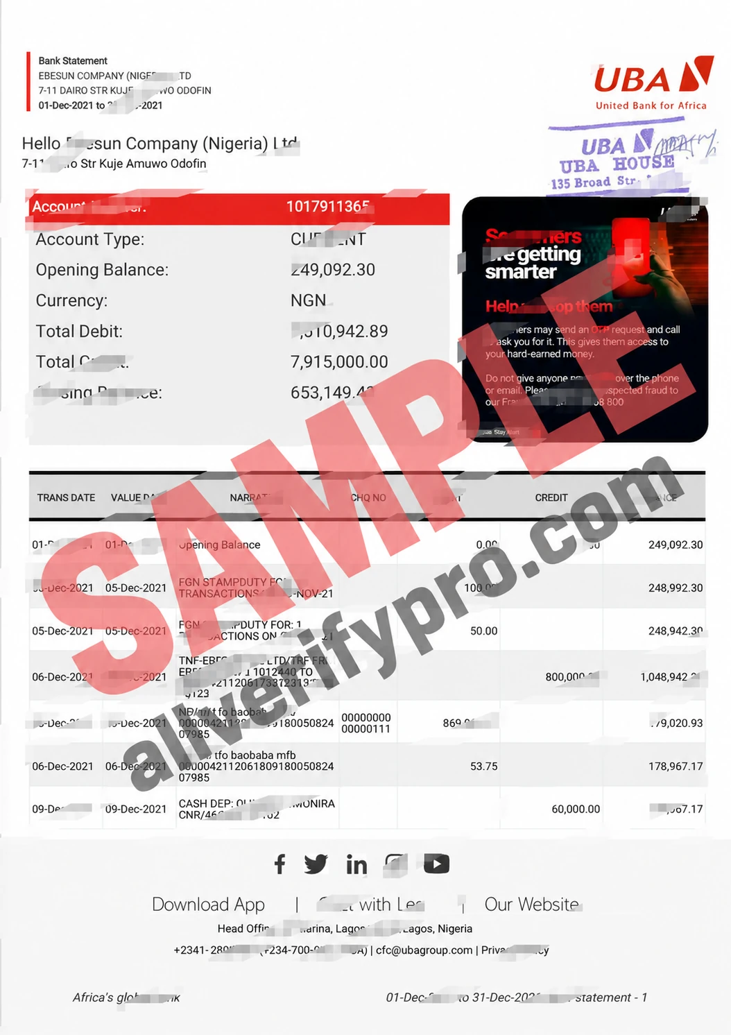 Word- und PDF-Vorlage für einen Kontoauszug der United Bank for Africa, Nigeria (4 Seiten)