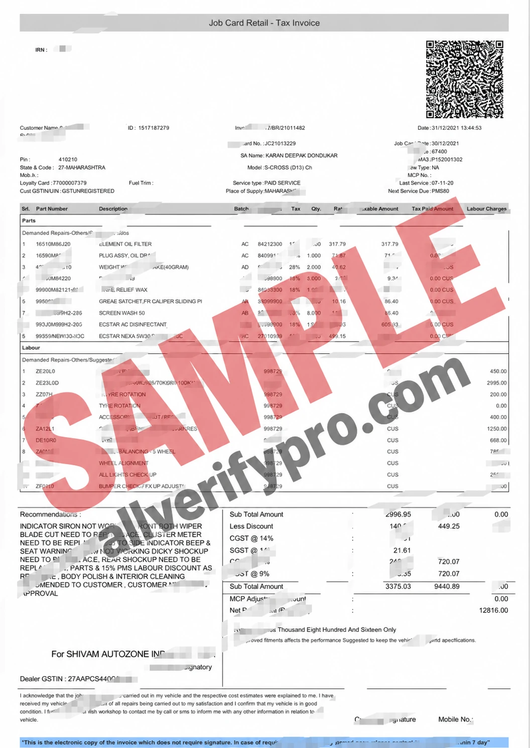 Modèle de facture de services Shivam Autozone en Inde aux formats Word et PDF (2 pages)