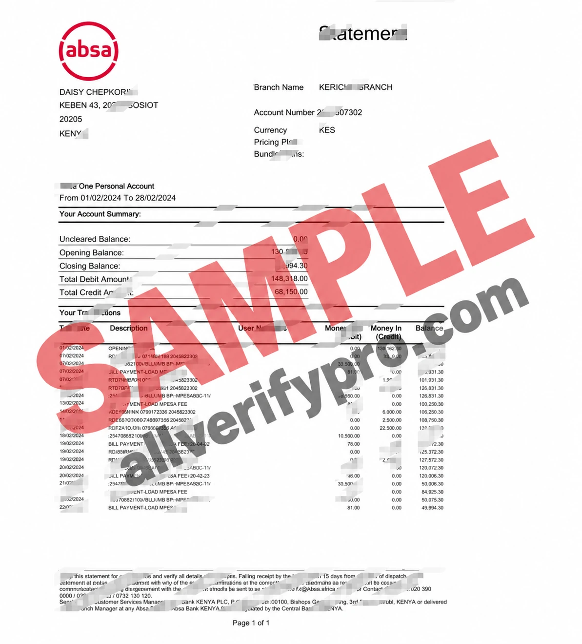 Word- und PDF-Vorlage für einen Kontoauszug der Absa Bank, Kenia