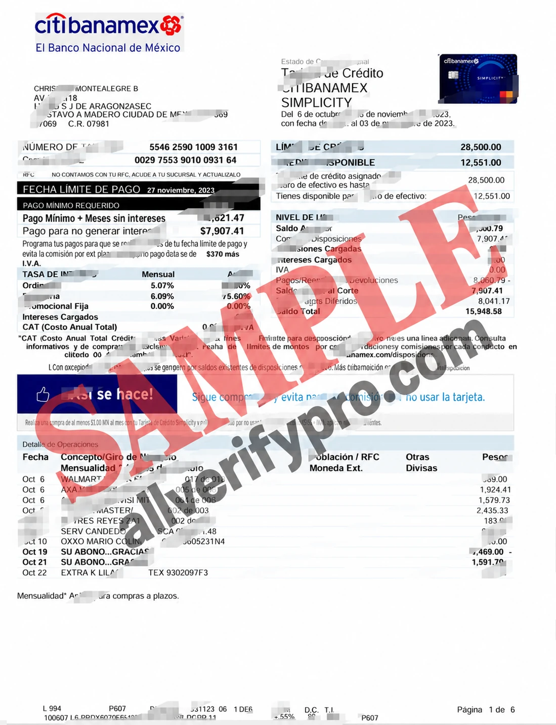 Mexican Citibanamex Credit Card Statement Word and PDF Template (6 Pages)
