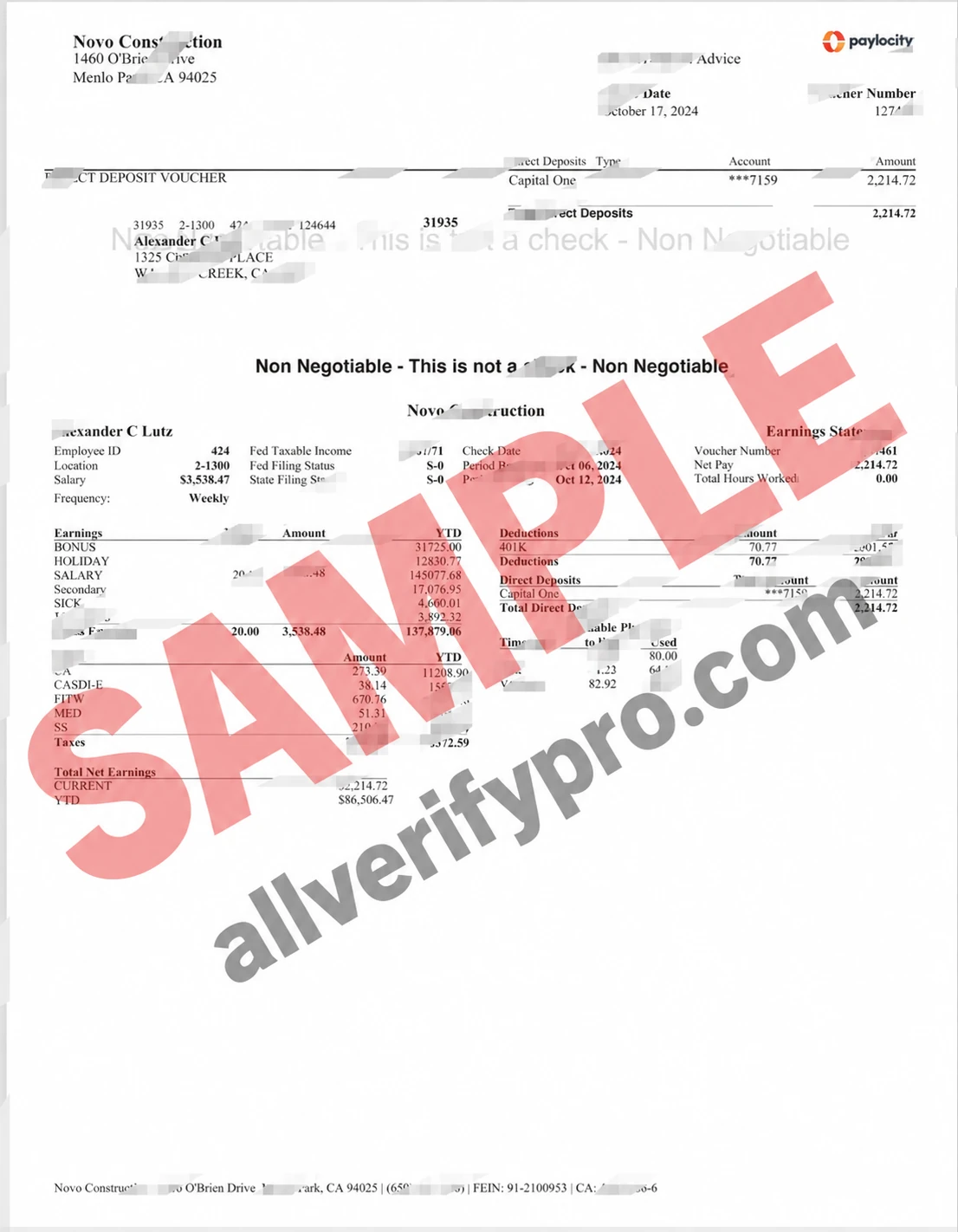Modelos de contracheque de novas construções dos EUA em Word e PDF