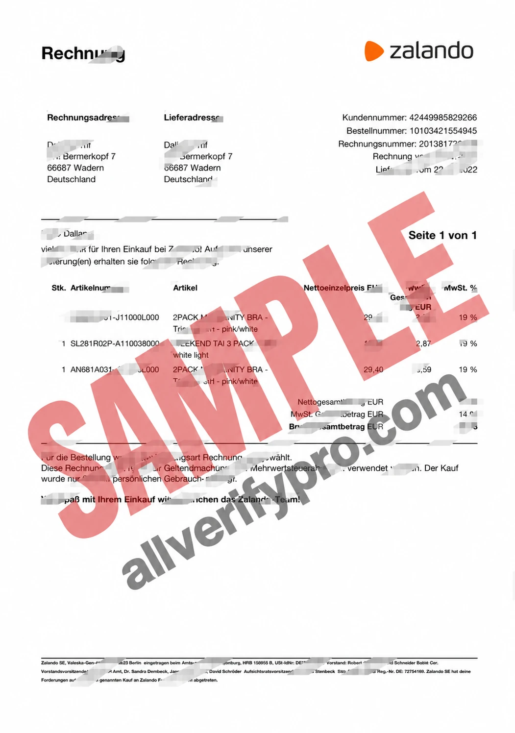 Germany Zalando Invoice Word and PDF Template