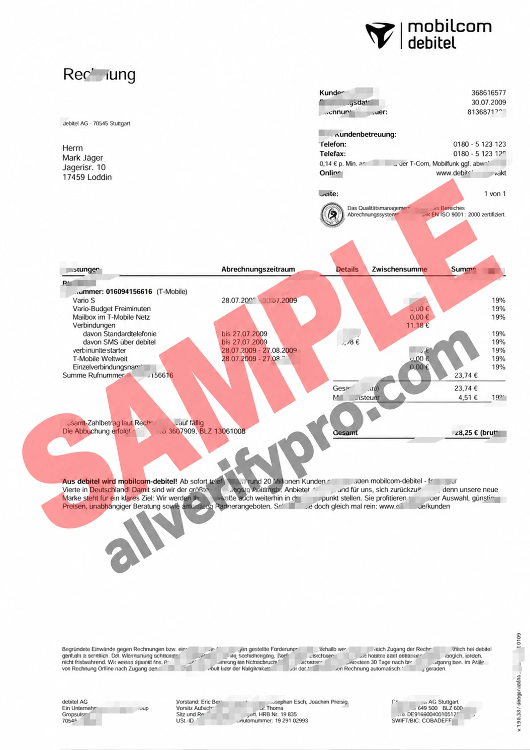 Шаблон счета за мобильную связь debitel AG, Германия, в Word и PDF