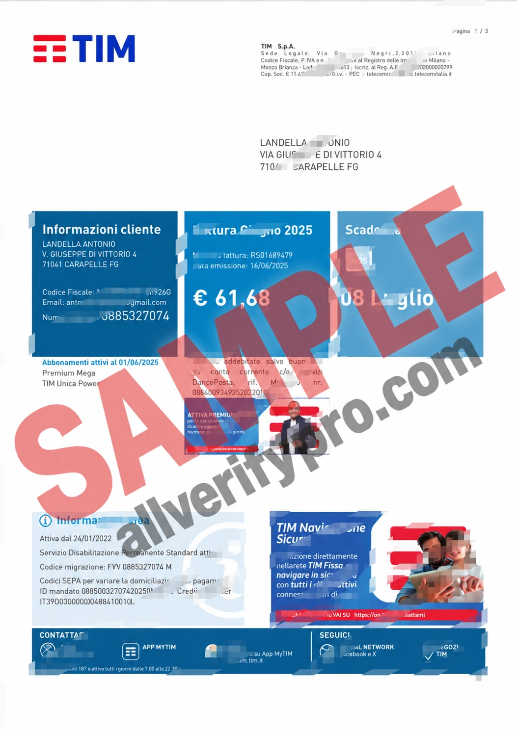 Italy TIM Telecommunications Bill Word and PDF Template (6 Pages)