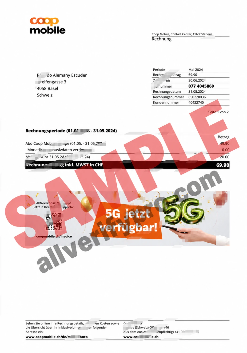 Switzerland Coop Mobile Phone Bill Word and PDF Template (2 pages)