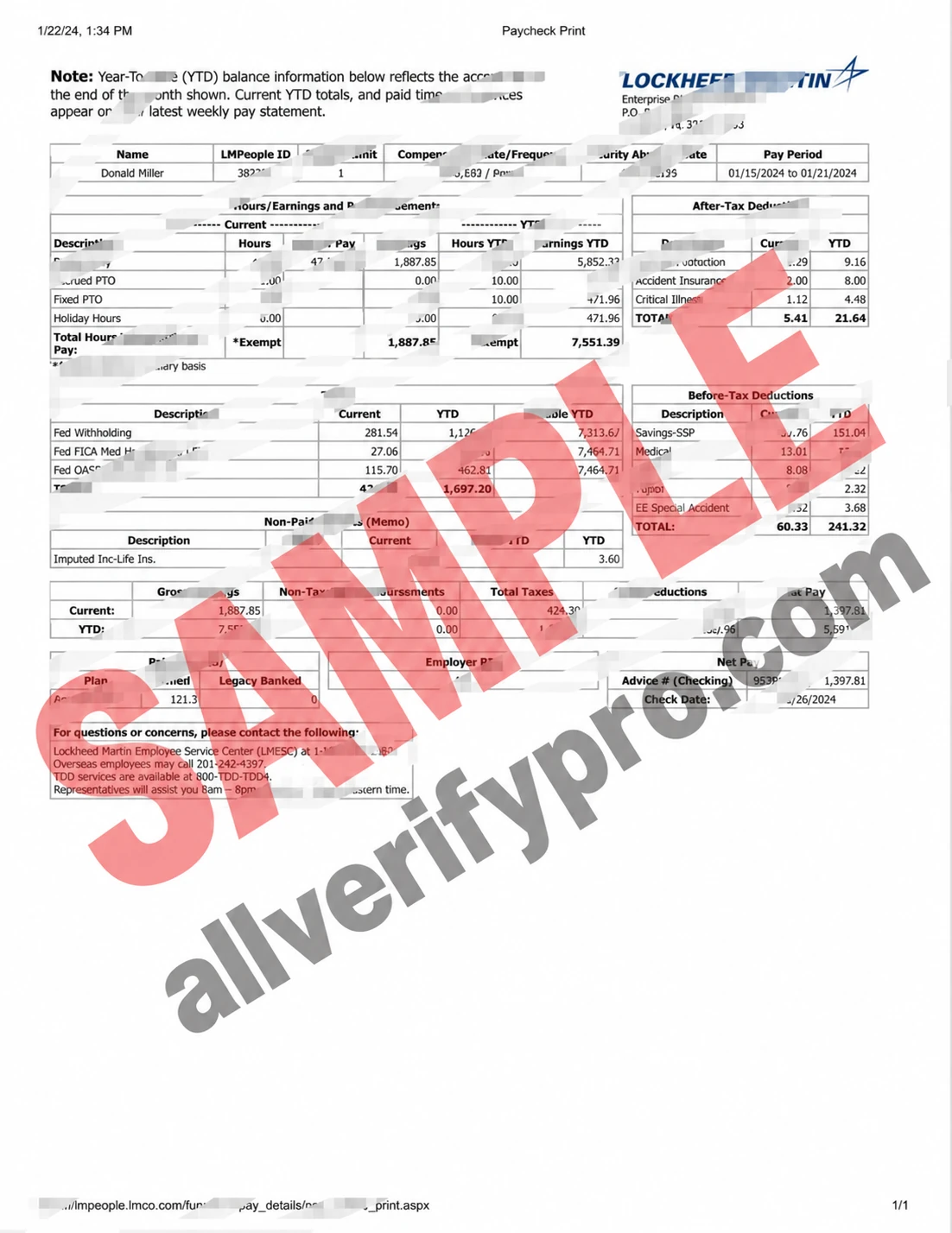 Modèles de bulletin de paie Lockheed Martin aux États-Unis aux formats Word et PDF (2 pages)