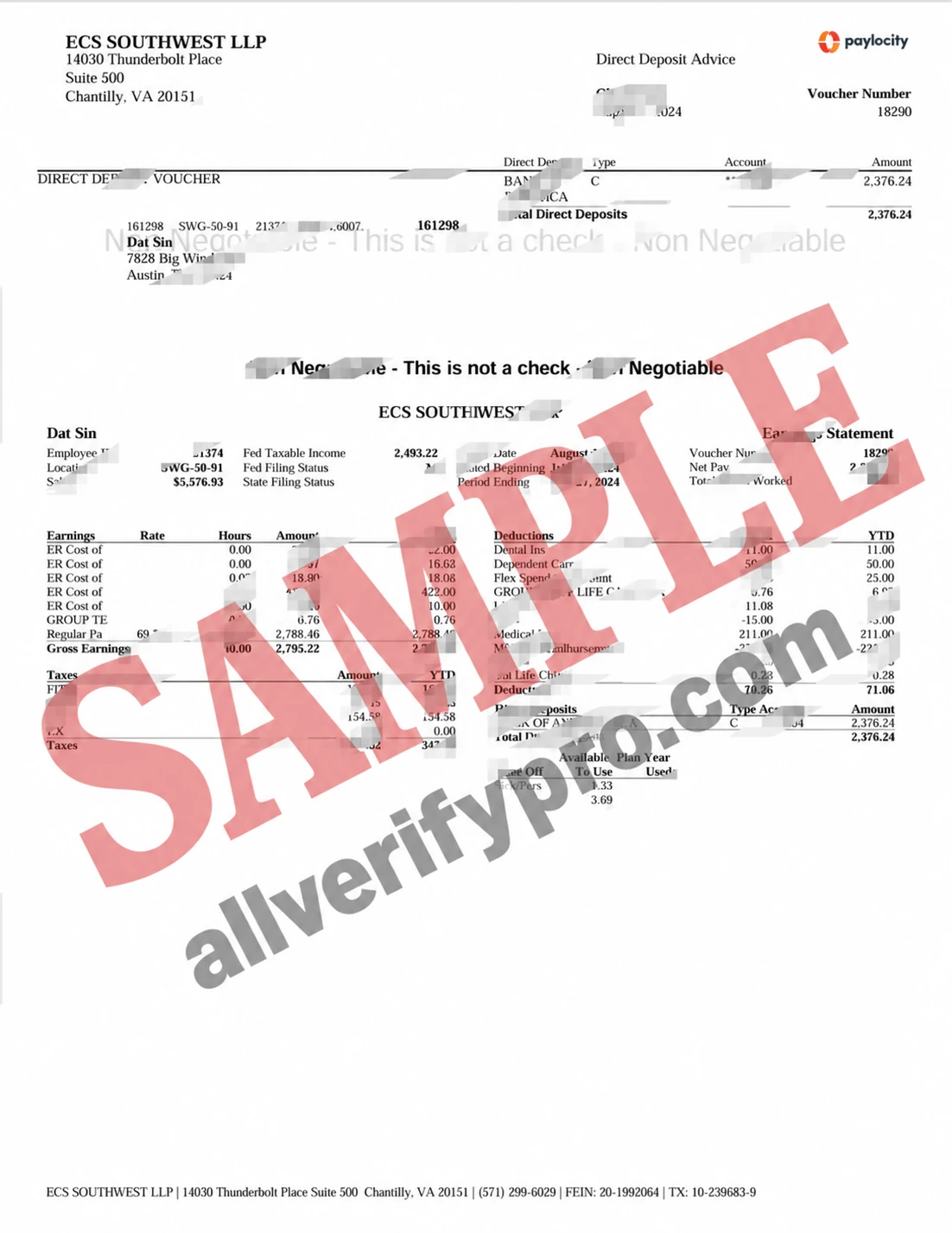 US ECS Southwest LLP Direct Deposit Certificate Payroll Template (Word and PDF)