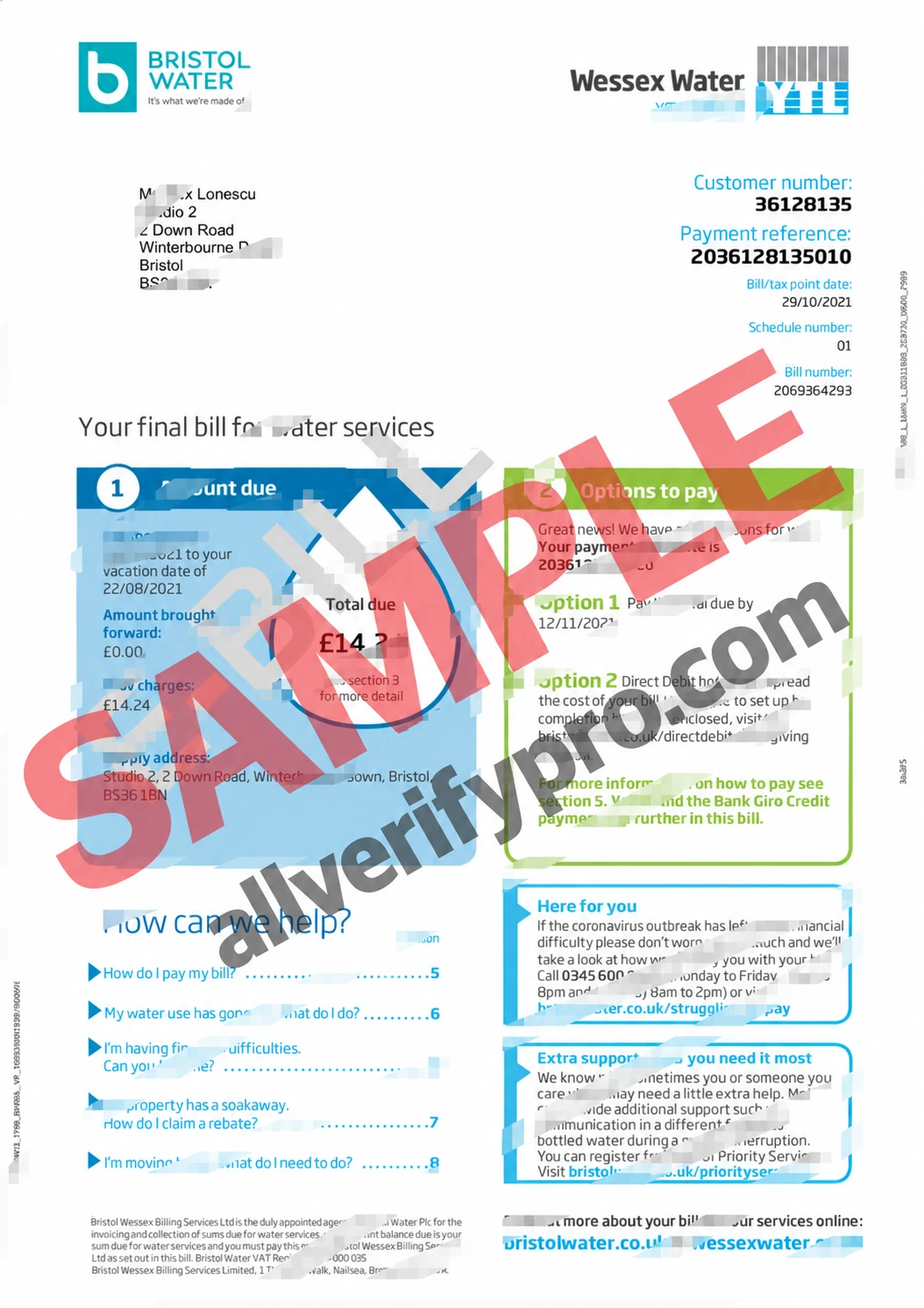 UK Bristol Water Utility Bill Word and PDF Template (2 pages)