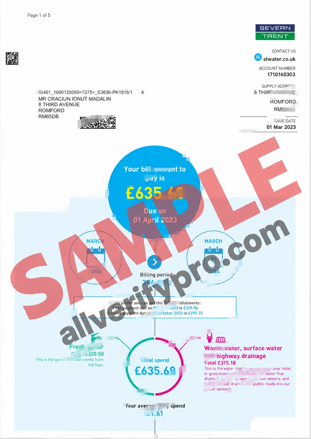 UK Severn Trent Water Water Bill Word and PDF Template (6 pages)