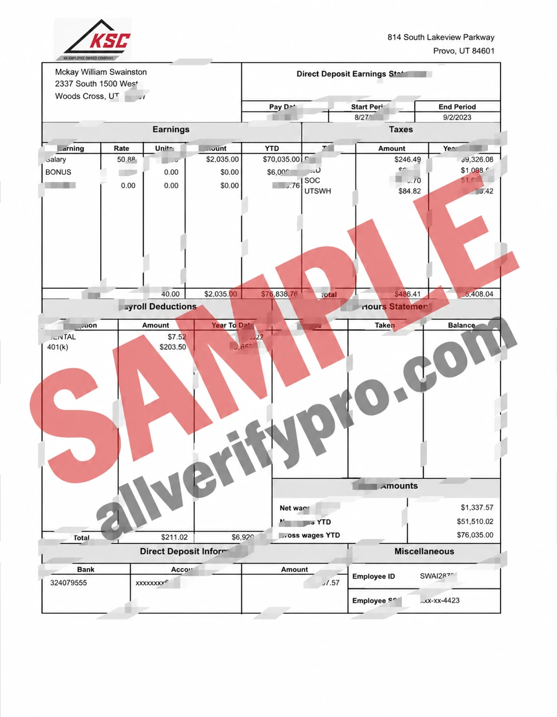 Modèles de bulletin de paie KSC en Caroline du Sud, aux États-Unis, aux formats Word et PDF (5 pages)