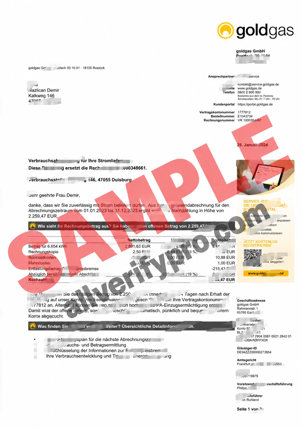 Plantilla de factura de electricidad de goldgas GmbH de Alemania en Word y PDF (7 páginas)