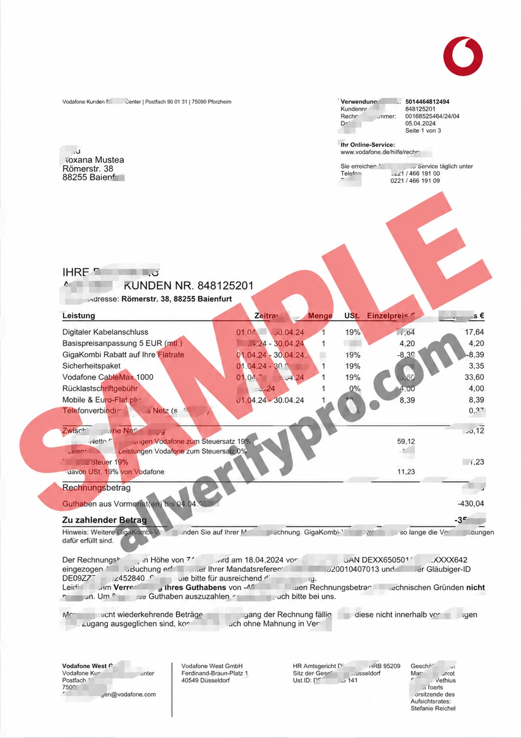 Germany Vodafone West GmbH Invoice Word and PDF Template (3 pages)
