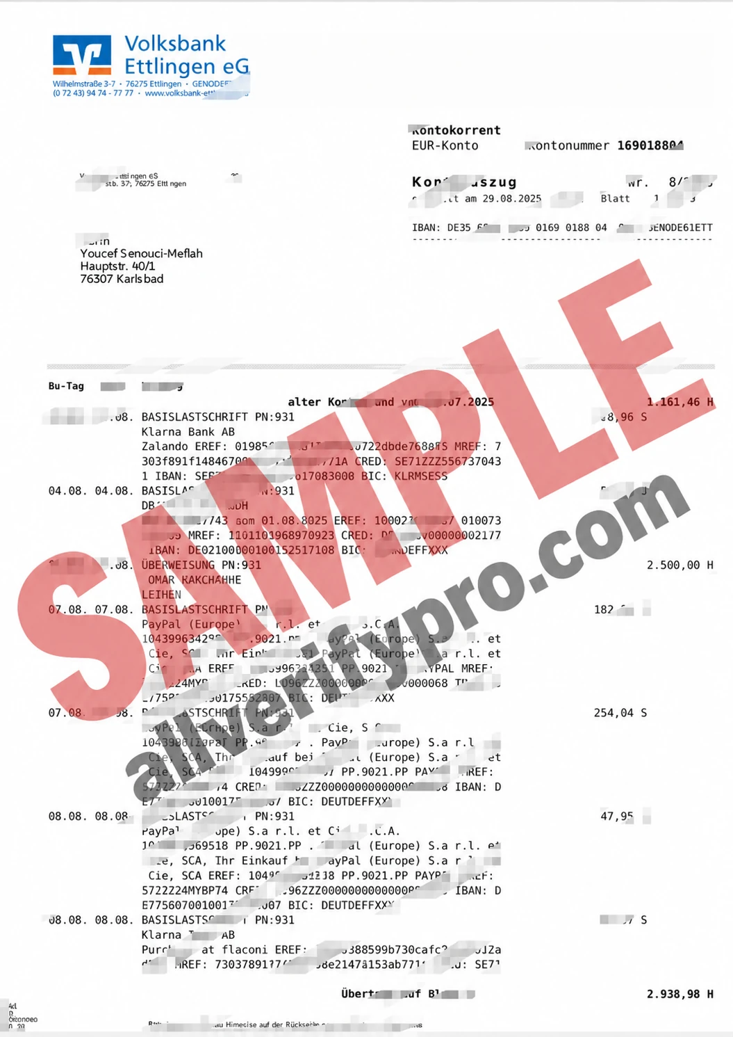 German Volkswagen Bank Ettlingen Bank Statement Template (Word and PDF) (10 pages)