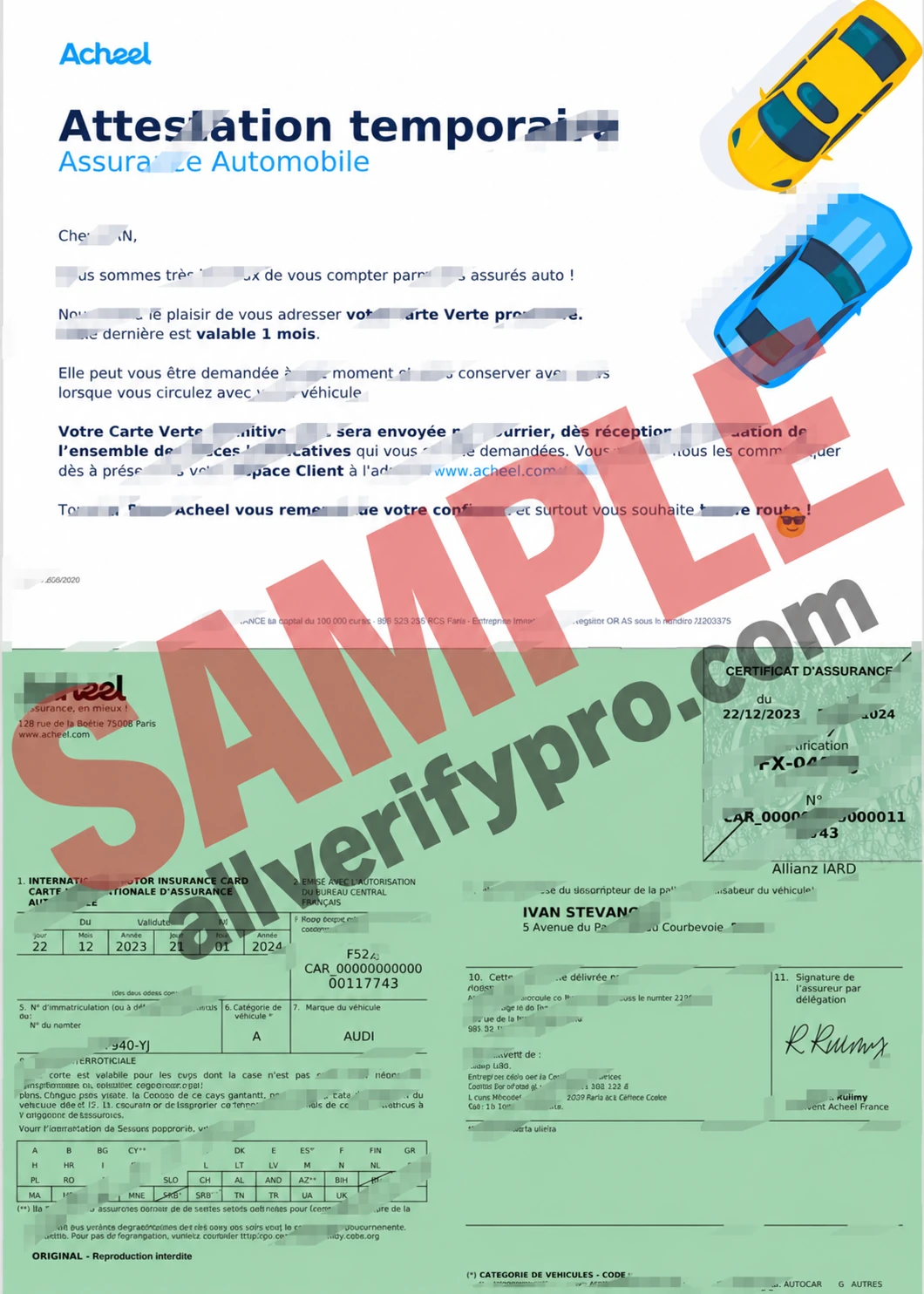 French ACHEEL Temporary Insurance Card Word and PDF Templates