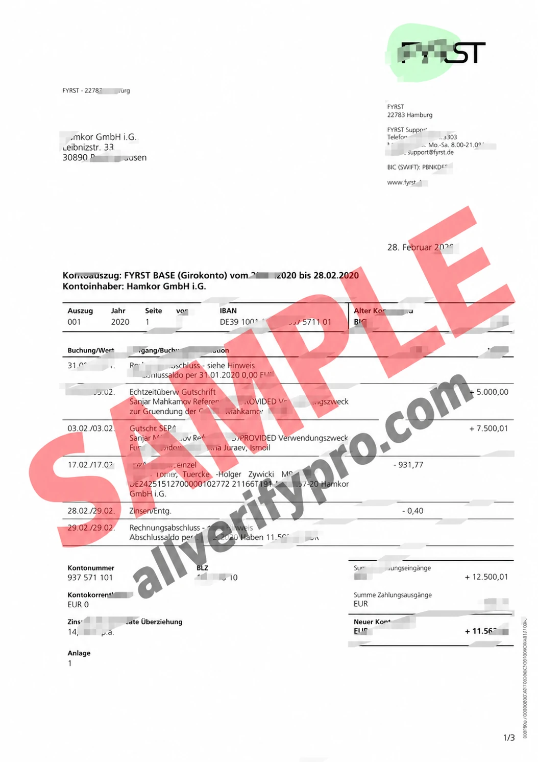 German FYRST Bank Statement Template (Word and PDF) (43 pages)