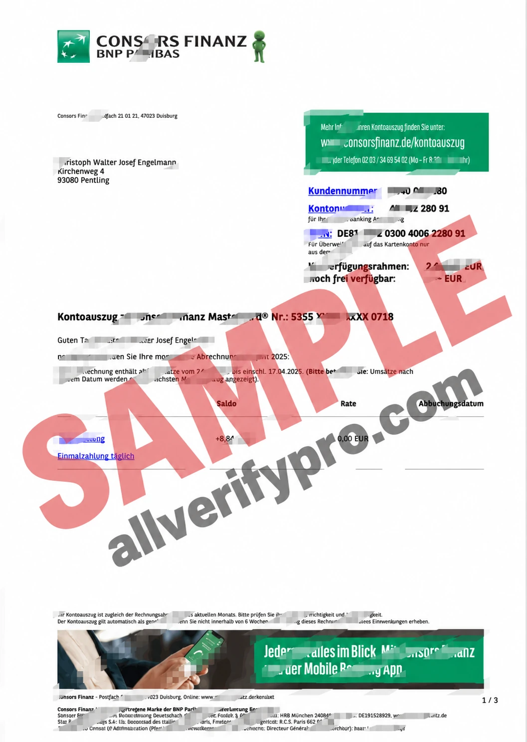 เทมเพลตรายการเดินบัญชีธนาคาร Conors Finanz เยอรมนี ในรูปแบบ Word และ PDF (3 หน้า)