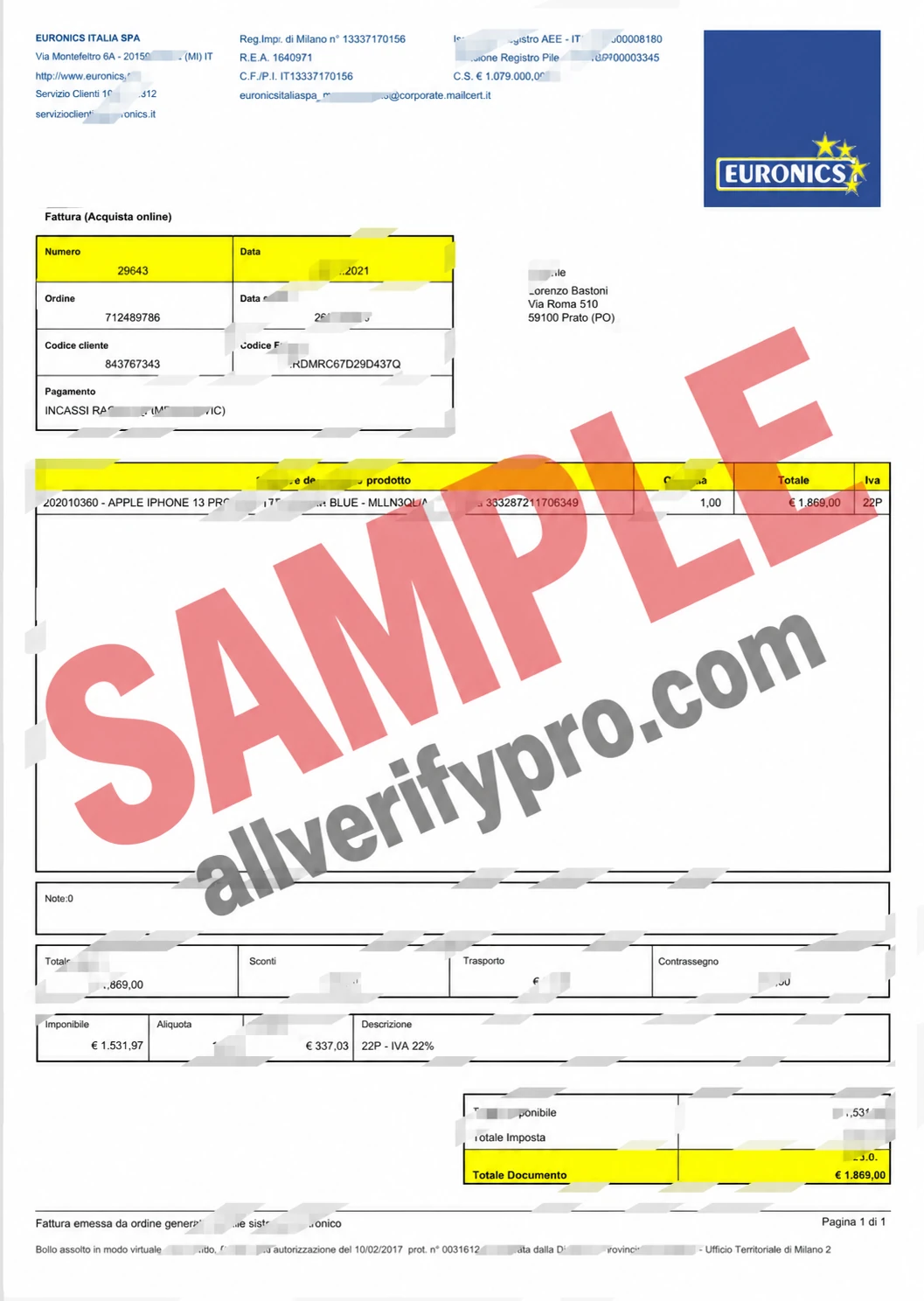 Italian Euronics Invoice Word and PDF Templates