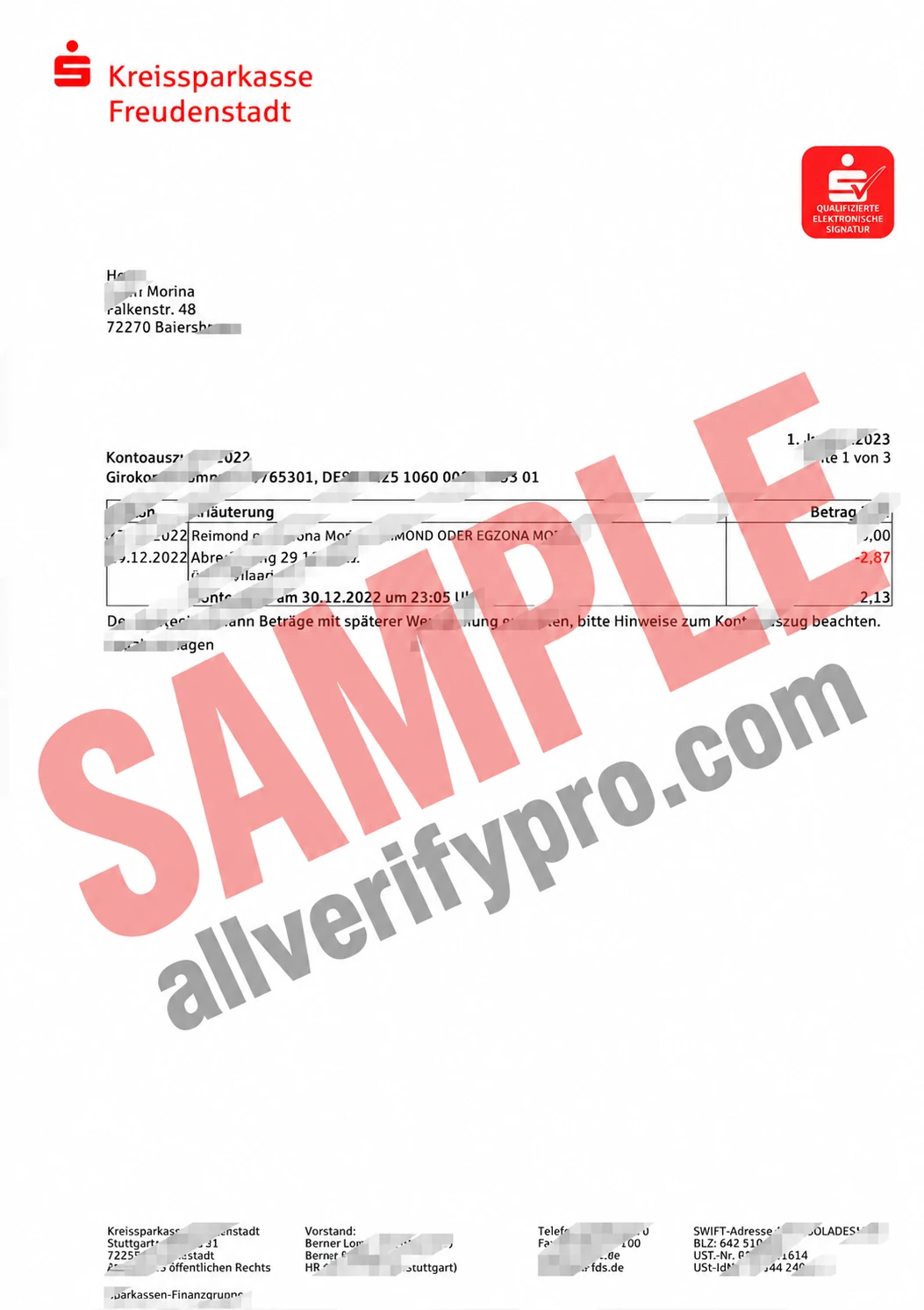 Mẫu sao kê ngân hàng Kreissparkasse Freudenstadt tại Đức định dạng Word và PDF (3 trang)