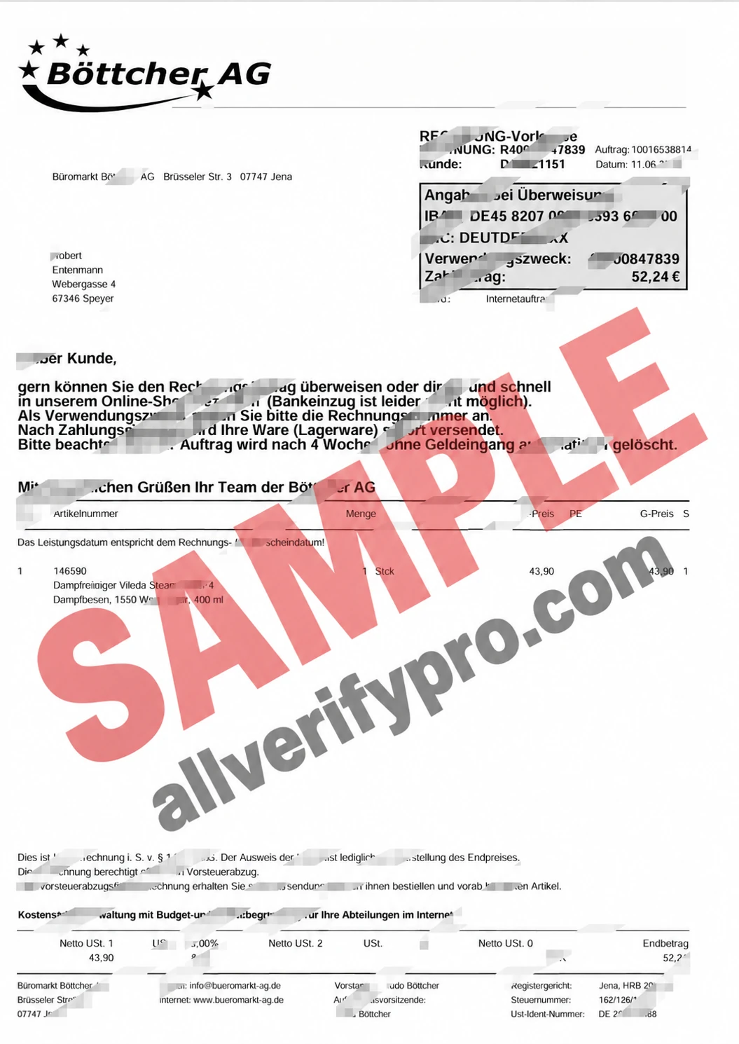 Modelo de fatura da Büromarkt Böttcher AG da Alemanha em Word e PDF