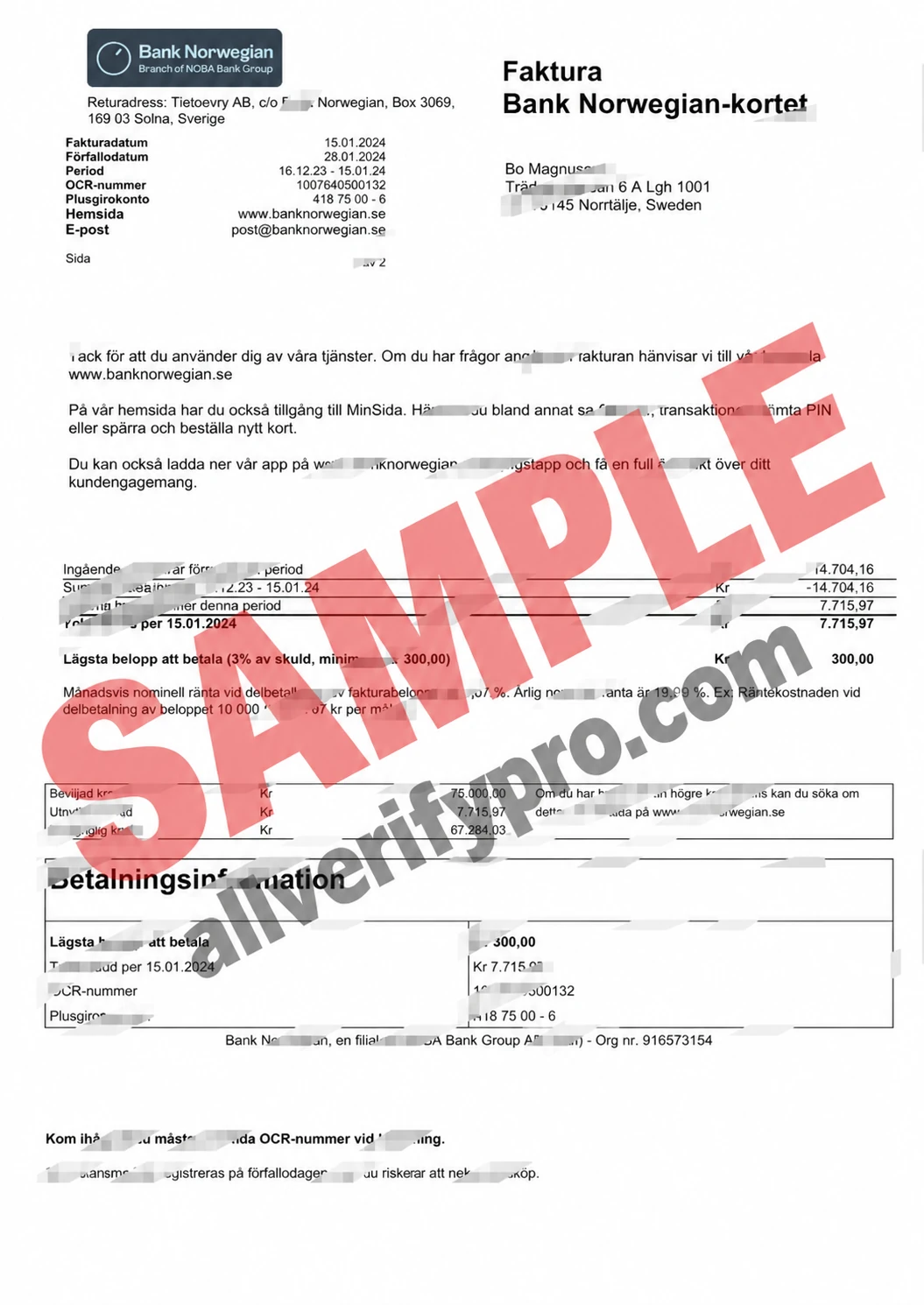 Plantilla de extracto de tarjeta de crédito de Swedish Bank Norway, disponible en formatos Word y PDF (2 páginas)