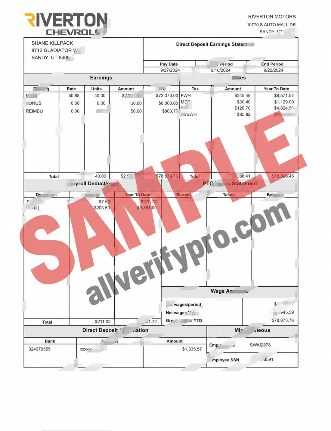 Modèles de bulletin de paie Riverton Auto aux États-Unis aux formats Word et PDF