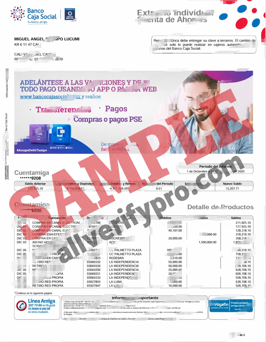 เทมเพลตใบแจ้งยอดบัญชีออมทรัพย์ธนาคาร Caja Social ประเทศโคลอมเบียในรูปแบบ Word และ PDF (2 หน้า)