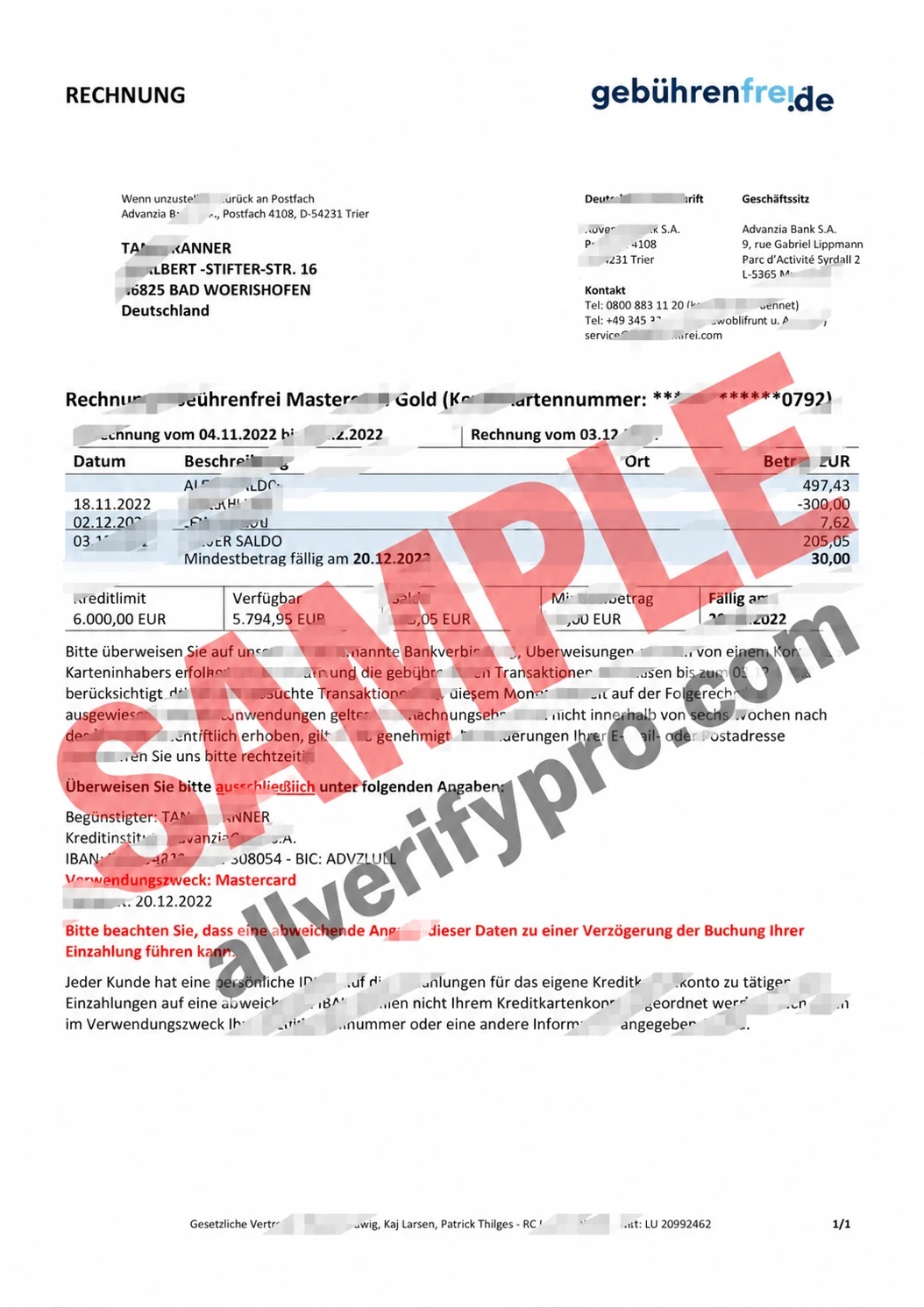 Plantillas de estado de cuenta de tarjeta de crédito de Advanzia Bank, Luxemburgo, en Word y PDF