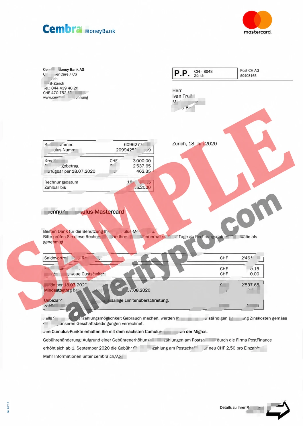 Vorlage für eine Kreditkartenabrechnung der Schweizer Cembra Bank